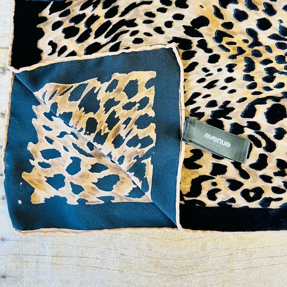 Avenue Leopard Print Scarf Silk Rayon Blend Black Tan Animal Print Wrap‎ Scarf